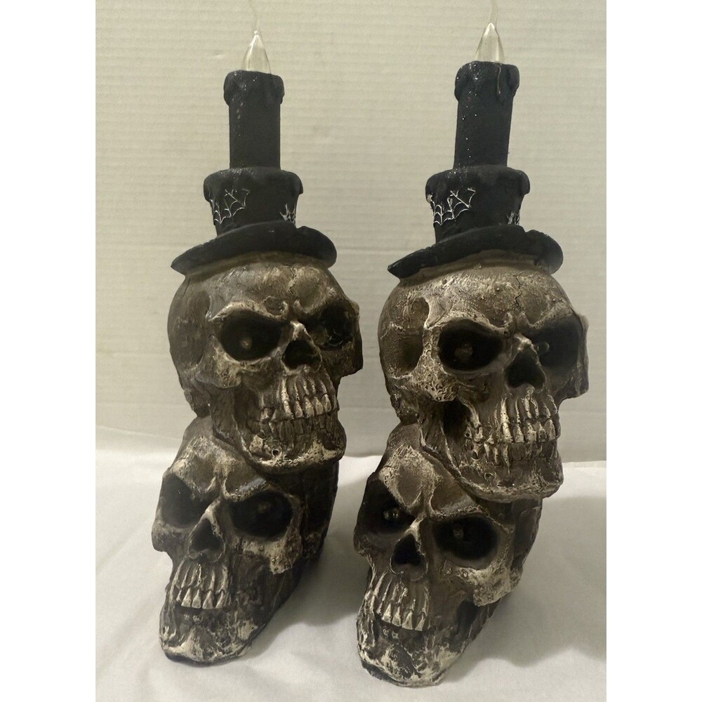 Pair Of Stacked Skull Red Eyes Candles Gothic Decor Resin 13” Old Time Pottery